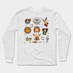 Occult Traditional Tattoo Flash Sheet Design Long Sleeve T-Shirt